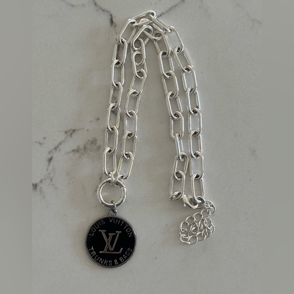 Allie & Bess 16”-19” Silver Paperclip necklace w/ Black 1” Louis Vuitton Pendant